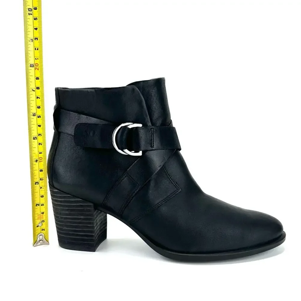 Ecco Black Ankle Boots Sz 10 Leather Padded Footbed Cuban Heel Almond Toe Bootie